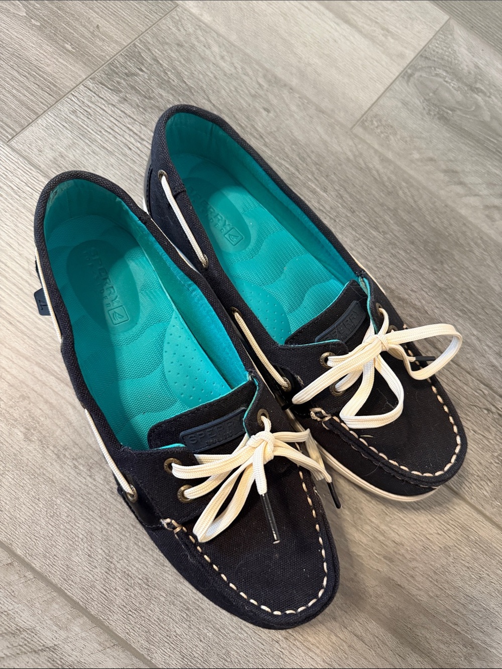Sperry Navy Canvas Boat Shoes with Cream Laces